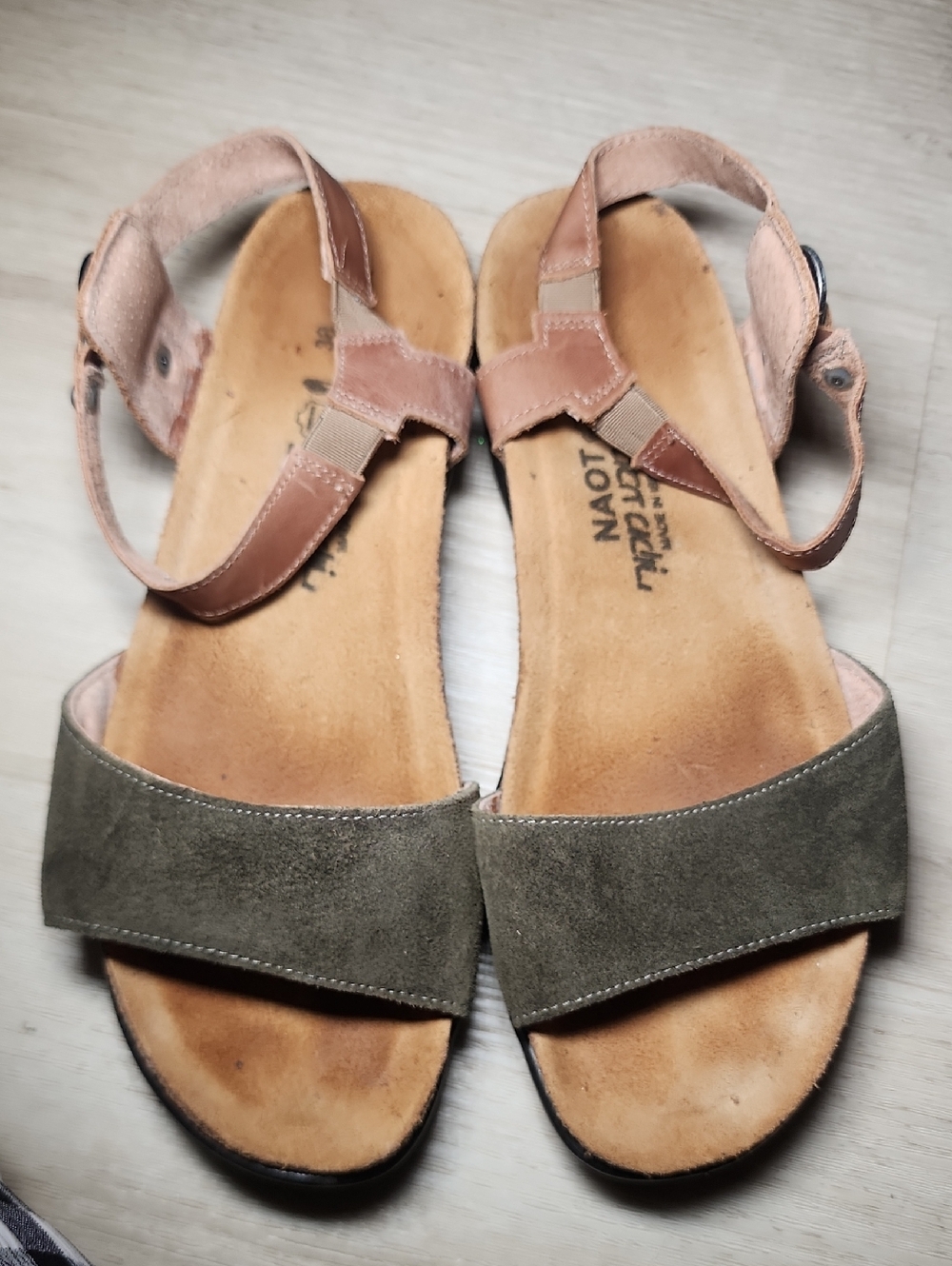Naot Olive Suede and Tan Leather Ankle-Strap Sandals